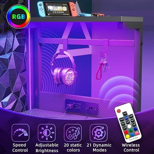 TIQLAB Gaming Desk 47 inch with Power Outlet and LED Light, Computer Desk with Reversible Shelves and Storage Drawer, Small PC Desk for Home Office Table with Bag, Carbon Fiber Black thumbnail 4