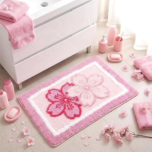 Boao Cherry Bath Mat Blossom Pink Flower Tufted Bathroom Rug Non Slip Soft Absorbent Tufted Cute Cherry Bathroom Accessories Decor for Bedroom Kitchen Floor Tub Shower Sink, 24 x 16 Inches thumbnail 6