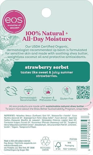 eos 100% Natural & Organic Lip Balm- Strawberry Sorbet, All-Day Moisture, Dermatologist Recommended for Sensitive Skin, Lip Care Products, 0.25 oz thumbnail 2
