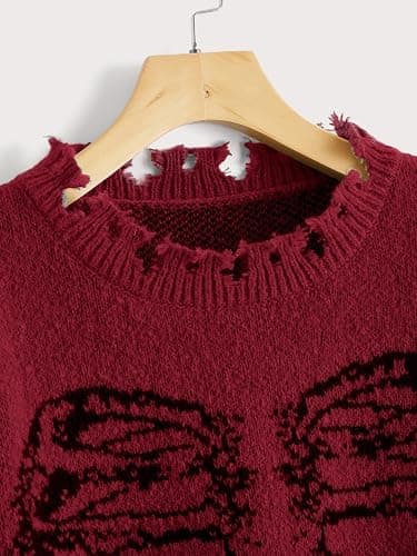 SHENHE Women's Oversized Skeleton Pattern Ripped Round Neck Sweater Pullover thumbnail 4