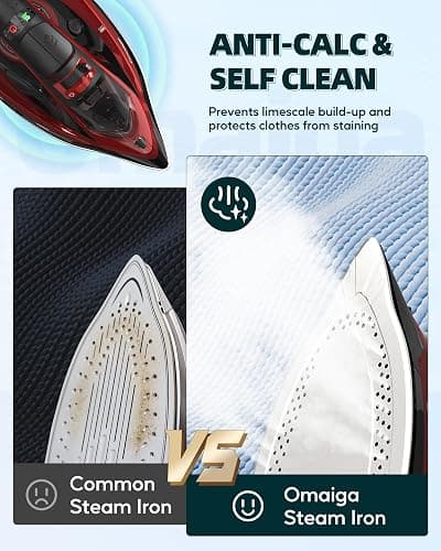 OMAIGA Cordless Iron for Clothes - 1500W Steam Iron with Non-Stick Ceramic Soleplate, Rapid Heating, Auto Shut Off, Burst of Steam, Self-Clean, Anti-Drip, Anti-Calc, 3 Temperature Settings, Red thumbnail 4
