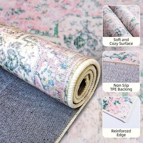 DELISEPT 5x7 Washable Area Rugs for Bedroom Girls Soft Boho Vintage Floor Carpet Non-Slip Oriental Pink Rug for Bedside Nursery Living Room Dinning Room, Light Green and Pink Rug - 5' x 7' (Rectangular) - Pink and Green thumbnail 7