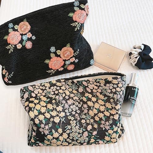 Travel Makeup Bag Accessory Zipper Pouch for Cosmetics, Purse Organizer, Embroidery Lucky Flowers Black thumbnail 8