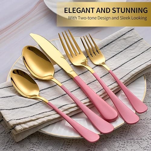 Moxinox 20-Piece Gold Silverware Set, 18/0 Stainless Steel Pink Handle Flatware Set, Service for 4, Modern Cutlery Set Includes Dinner Knives Forks Spoons, Mirror Polished, Dishwasher Safe thumbnail 3