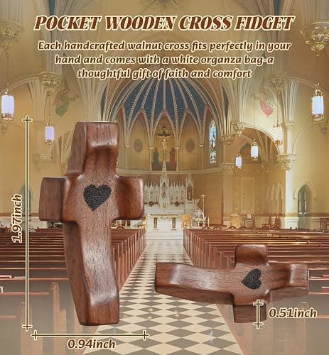 30Pcs Wooden Cross Fidget with Organza Bags Cross My Heart/ Encouragement Gift Handcrafted Walnut Pocket Cross Handheld Prayer Stress Relief Christian Faith Gifts Religious Easter Day Gifts (Brown thumbnail 3