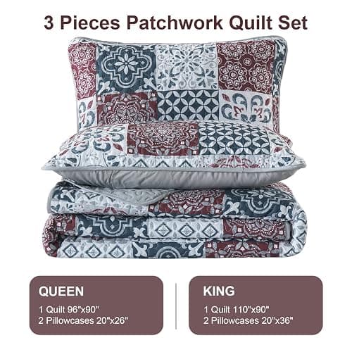 Dobuyly Patchwork Quilt Set Queen Size Boho Plaid Bedspread Red Grey Quilt Coverlet Set, 3 Pieces Soft Microfiber Lightweight Farmhouse Summer Bedding Set for All Seasons 96"x90" thumbnail 9