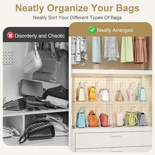 Sonyabecca Purse Storage Organizer for Closet : Adjustable 2-Pack Dividers Handbag Organizer - Stackable Wire Handbags Storage Baskets -Open Cabinets Wallets Tote Chain Bags Clutches -White thumbnail 5