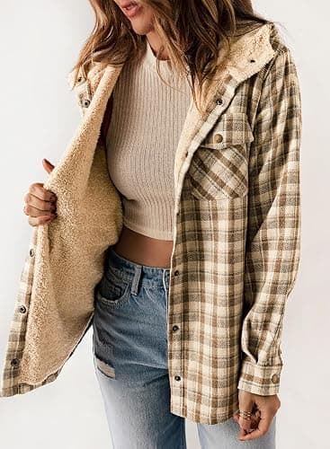 Dokotoo Womens Plaid Shacket Jacket Long Sleeve Button Down Fleece Hooded Jackets Warm Coat thumbnail 8