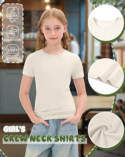 Oakgarden 4 Pack Girls T Shirts 5-14 Years Short Sleeve Ribbed Tops Crew Neck Slim Fit Summer Casual Cute Basic Tees for Kids thumbnail 6