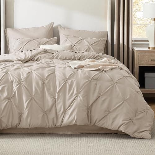 Bedsure Queen Comforter Set Beige - Bed in a Bag Queen Size Bedding 7 Pieces, GentleSoft™ Pintuck Bed Set Gift for Family, Pinch Pleat All Season Comforter with Sheets, Pillowcases & Shams thumbnail 2