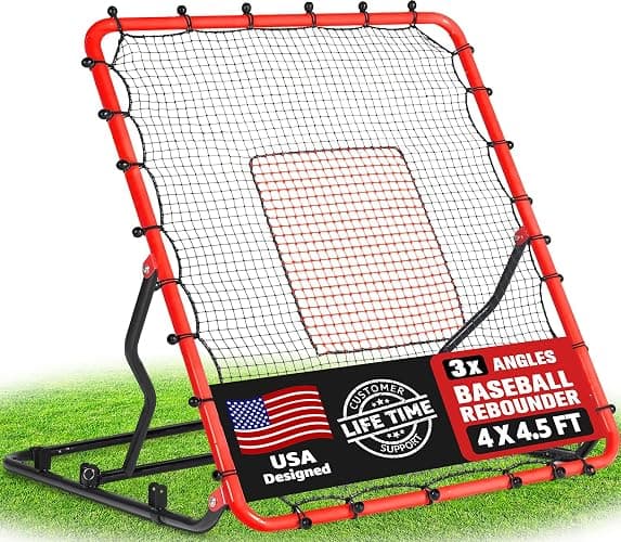 Baseball Rebounder Net, 3/5 Adjustable Angles 4x4.5FT Pitch Back Baseball Softball Volleyball Rebounder with 2 Strike Zones, UV Resistant, Pitchback Trainer for Ground, Line Drive & Fly Balls - Image 1