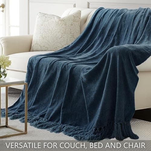 LONG CREATE Chenille Throw Blanket for Couch 50"X 60", Soft Cozy Throws with Fringe Tassel for Bed Sofa Chair Cover, Lightweight Knitted Decorative Boho Blankets for Living Room, Navy Blue thumbnail 6