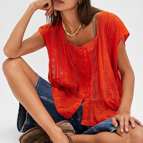 Women Y2k Semi Sheer Blouse Shirt Lace Trim Button Down Short Sleeve Round Neck Casual Going Out Tops Streetwear thumbnail 2