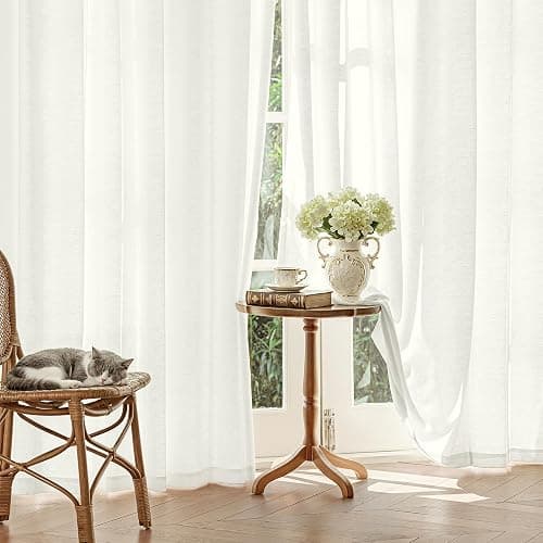 FMFUNCTEX Beige Semi Sheer Curtains for Bedroom, Floral Jacquard Voile Light Filtering Privacy Curtains 84 Inches Long for Living Room, Voile Light Filtering Privacy Window Drapes Rod Pocket 2 Panels - Image 1