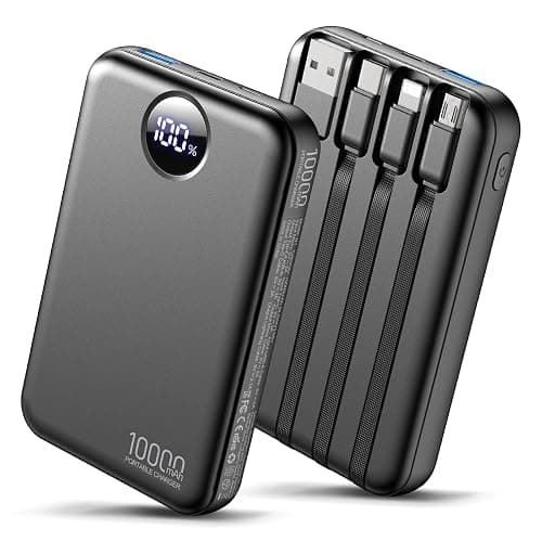 HAIARA Portable Charger 10000mAh Power Bank with 4 Built-in Cables,LED Display Compact and Battery Pack with Multiple USB Ports All-in-One Travel Charger for iPhone,Android and Other Devices-Black - Image 1