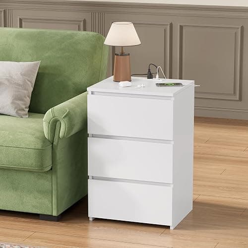FOTOSOK White Nightstand, 26" H Night Stand with Charging Station, White Nightstand with USB Ports & Power Outlets, Silent Slides, Wooden End Side Table Bedside Table with 3 Drawers for Bedroom thumbnail 5