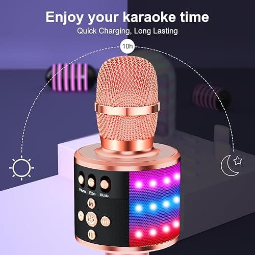 BONAOK Karaoke Microphone for Kids & Adults - Bluetooth Microphones Singing Mic with Disco Lights, Echo Effect, Built-in Speaker Portable Karaoke Player for Party Travel Gifts Q78(Rose Gold) thumbnail 5