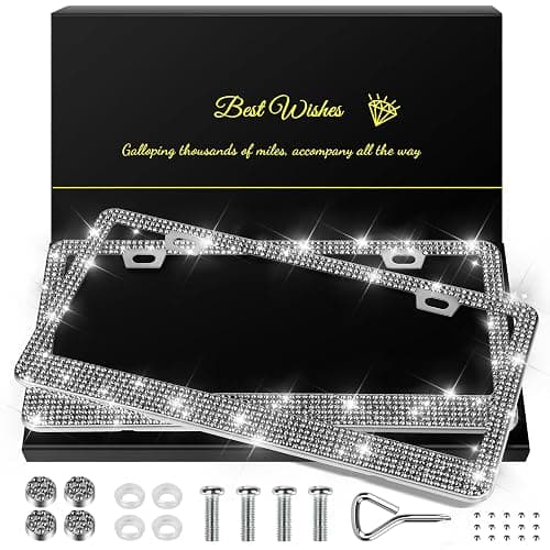 QUANQIUFEI 2 Pack Bling License Plate Frames for Women, Sparkly Rhinestone Diamond Car Accessories with Glitter Crystal Caps (Gilded Black) - Image 1
