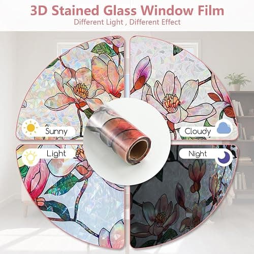 Kromapolis Window Privacy Film, Stained Glass Sticker, 23.6" x 78.7" | Removable Floral Window Clings, Decorative Static Clings, UV Blocking Colorful Decals, Rainbow Magnolia Flowers thumbnail 6