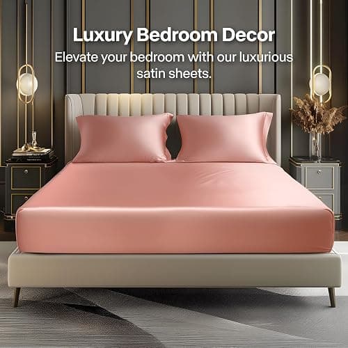 BEDELITE Satin Fitted Sheet and Pillowcases Set, Luxury Soft Similar to Silk Bottom Bed Sheet with Elastic Corner Straps, Deep Pocket up to 15 Inch, 1 Fitted Sheet and 2 Pillowcases(Full, Rose Pink) thumbnail 2