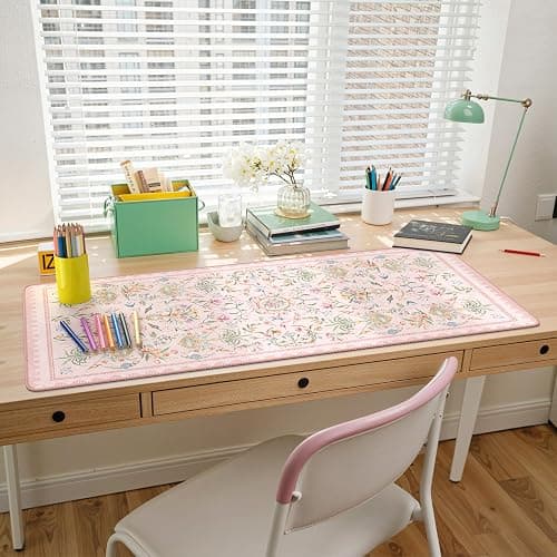 HAOCOO French Floral Desk Mat, Pink Desk Cover Mat, 35.4" x 15.7" Cute Long Mouse Pad, Aesthetic Flower Desktop Mat Accessories, Waterproof Teacher Desk Mat for Work, Study thumbnail 6