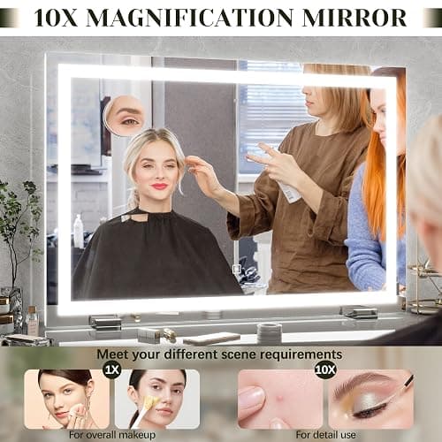 ROLOVE 32x22 Lighted Vanity Mirror, Wall-Mounted, Detachable 10X Magnifier | LED Makeup Mirror, 3 Color Modes, Stepless Dimming, Touch Control, Plug-In Design, Tabletop Use, Even Lighting thumbnail 7