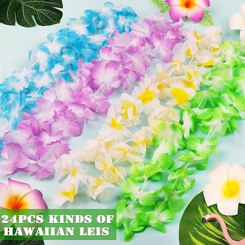 Hawaiian Leis, 24PCS Hawaiian Party Decorations Silk Flower Necklace | Colorful Luau Party Decorations, Tropical Designs Leis, Hula Dance Costume Accessories, Great for Summer Beach & Pool Party thumbnail 4