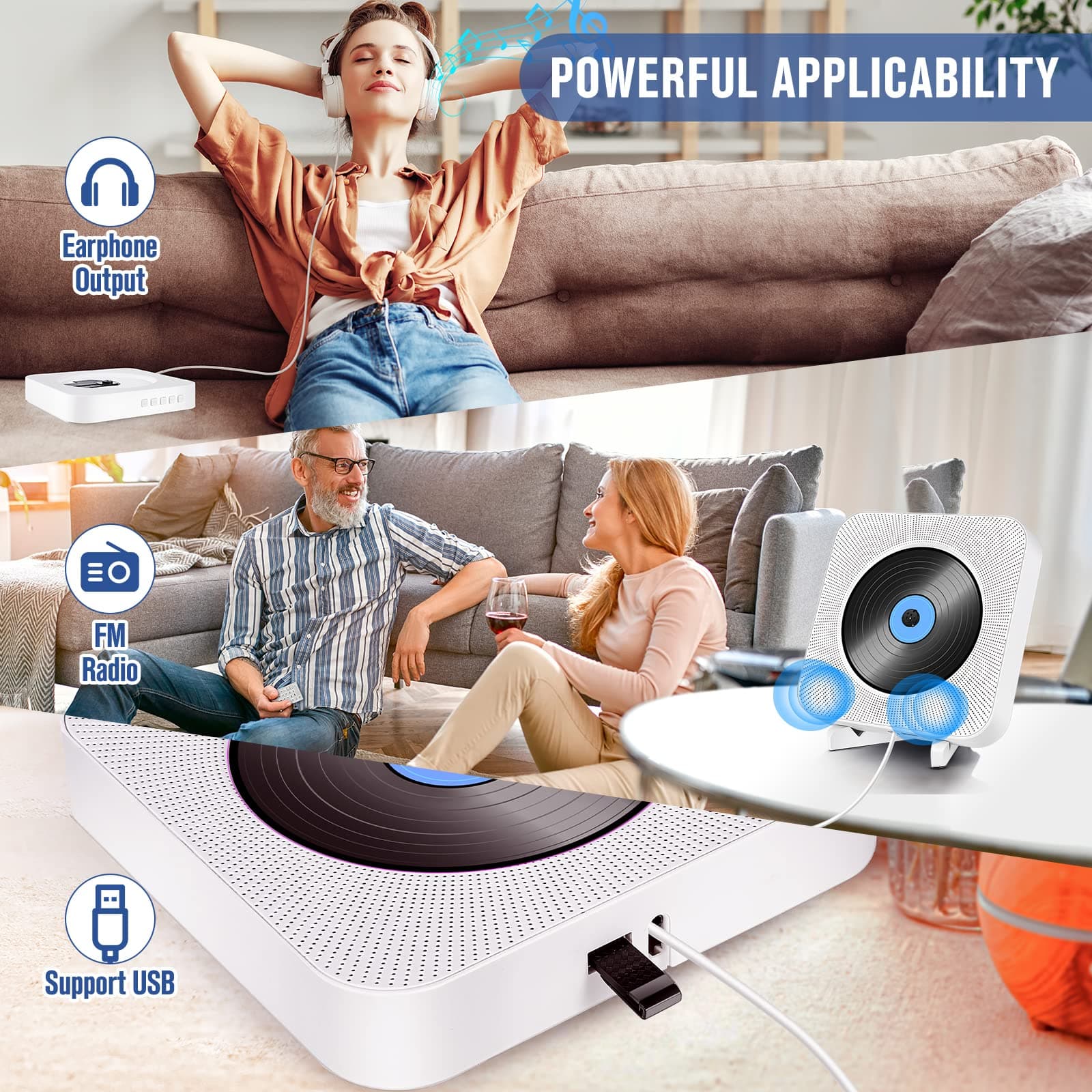 SHIWAKOTO Bluetooth CD Player, FM Radio CD Players with HiFi Speakers, Wall Mountable CD Player with Rack, Home CD Players Supports FM, USB Port, AUX in/Output, Portable Audio Music Player for Kids thumbnail 4