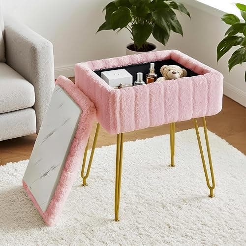 FUXA Vanity Stool with Storage, Pink Vanity Chair 4 Metal Legs with Anti-Slip Feet, Faux Fur Soft Padded Seat, Cute Small Footstool Ottoman, Modern Multifunctional Chairs for Makeup Bedroom thumbnail 9