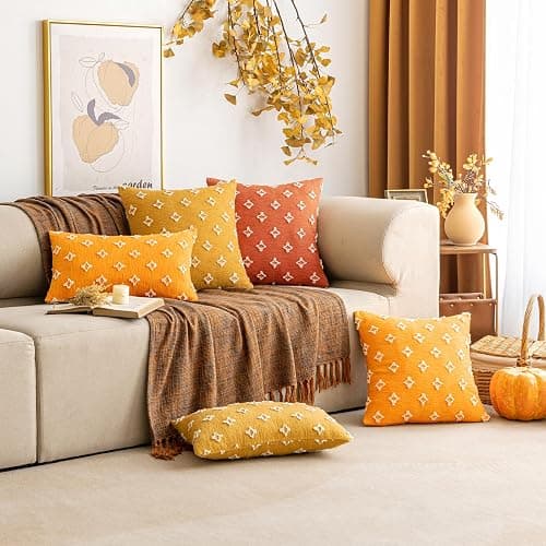 EMEMA Fall Mustard Yellow Decorative Throw Pillow Covers Rhombic Jacquard Pillowcase Cushion Case Square for Couch Sofa Bed Living Room Bedroom Set of 2, 18x18 Inch thumbnail 6