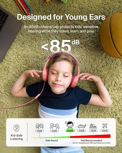 Belkin SoundForm Mini Kids Wired Headphones w/USB C to 3.5mm Dongle, Built-in Mic & Fun Stickers, 85dB Max Volume – for Online Learning, Travel, Compatible w/iPhone 16, iPad, Galaxy S25, etc - Pink thumbnail 2