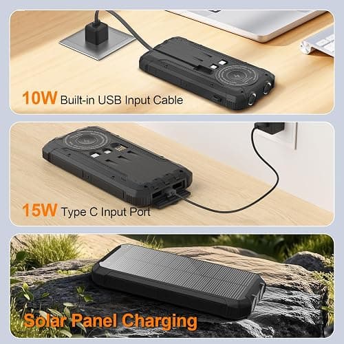Solar Power Bank 20000mAh Wireless Portable Charger Built-in 3 Cables 15W USB-C Fast Charging Battery Pack Compatible with iPhone, Samsung, iPad, Emergency LED Flashlights Perfect for Camping, Hiking thumbnail 7