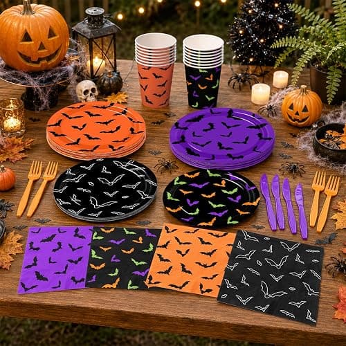 Halloween Plates and Cups Napkins, Spooky Halloween Black Bat Tableware | 144Pcs Halloween Party Plates and Napkins, Halloween Decorations Bat Tableware Set for Birthday Holiday Decor Party Supplies thumbnail 5