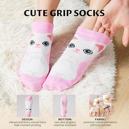 Non Slip Grippy Socks for Women Girls 5 Pack Cute Cat Grip Socks Pilates Slippers Footies for Yoga Barre Hospital thumbnail 4