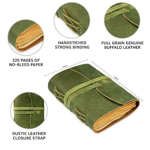 LEATHER VILLAGE Leather Bound Journal - Green, 7"X5", 220 Pages - Vintage Blank Paper Diary for Writing, Drawing, Sketchbook, and Travel Notebook - Ideal for Women and Men thumbnail 4