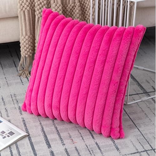 ZLINA Set of 2 Hot Pink Faux Fur Decorative Throw Pillow Covers Fluffy Striped Pillowcase Cushion Covers 18 x 18 Inch Decor Sofa Couch Bedroom thumbnail 6