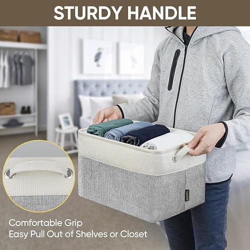 BALEINE 3 Pack Fabric Storage Bins for Shelves, Linen Storage Baskets for Organizing, Decorative Closet Bins for Clothes, Home (Grey, 15"x11"x9.5") thumbnail 8