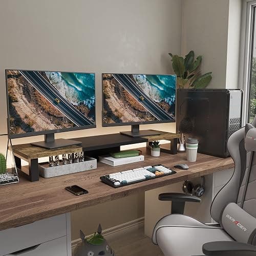 WESTREE Dual Monitor Stand Riser, Wood and Steel Multi-Purpose Desktop Storage Stand for 2 Monitors for Computer, Laptop, Printer, TV, Rustic Brown thumbnail 6