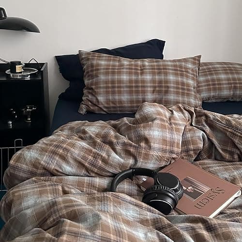 EAVD Vintage Buffalo Plaid Duvet Cover King 100% Washed Cotton Brown&Blue | 3-Piece Aesthetic Bedding Set, Reversible Gingham Pattern, 1 Duvet Cover with 2 Pillowcases, Retro Farmhouse, Zipper Closure thumbnail 6