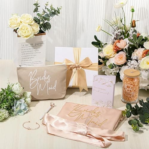 Irenare Bridesmaid Proposal Gifts Set Robes Makeup Bag Cup Cards Hair Tie Bracelet Diamond Pen Bridesmaid Gift Box(Champagne,8 Pcs) thumbnail 2