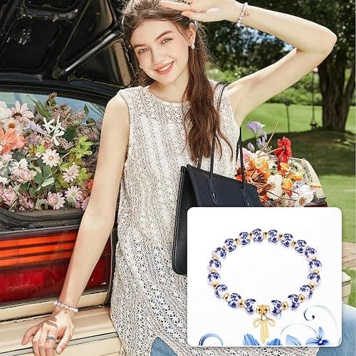 lakayfimily Bow Charm Bracelet for Women Vintage Flower Beaded Handmade Gold Dainty Stretch Bracelet Romantic Jewelry Gift thumbnail 5