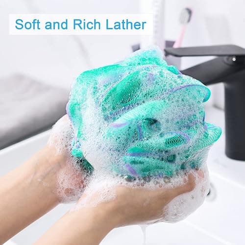 AmazerBath Loofah Sponge 75g/Piece, Exfoliating Bath Sponge Body Scrubber - Loofa Set of 4 Flower Color (Large, Green-Purple) thumbnail 2