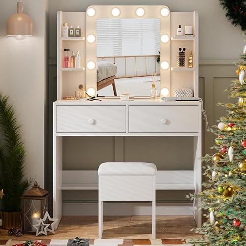 Haewon White Vanity Desk with Mirror and Lights, Makeup Vanity with 10 LED Bulbs and 3 Color Modes, Dressing Table Set with Power Outlets, Storage Drawers and Chair for Bedroom thumbnail 8