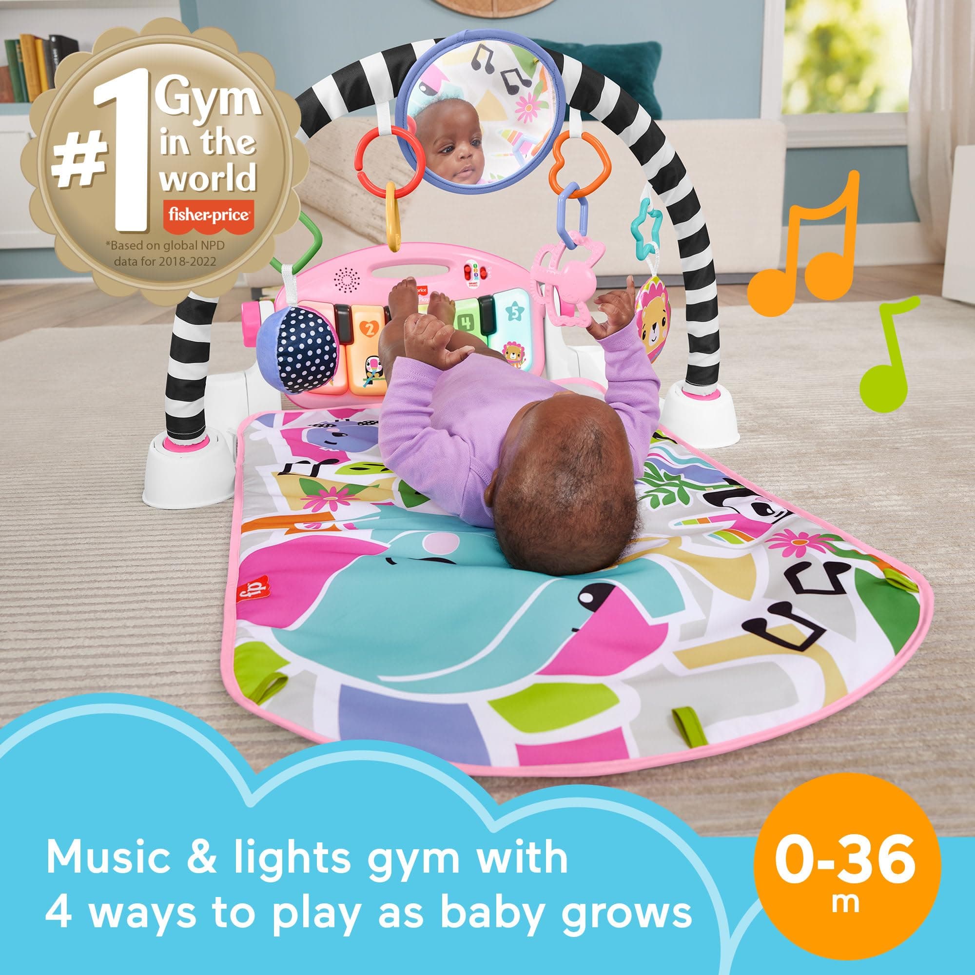 Fisher-Price Baby Activity Mat Glow and Grow Kick & Play Piano Gym, Portable Musical Toy with Smart Stages Learning, Ages 0+ Months, Pink, Queens English Version thumbnail 2