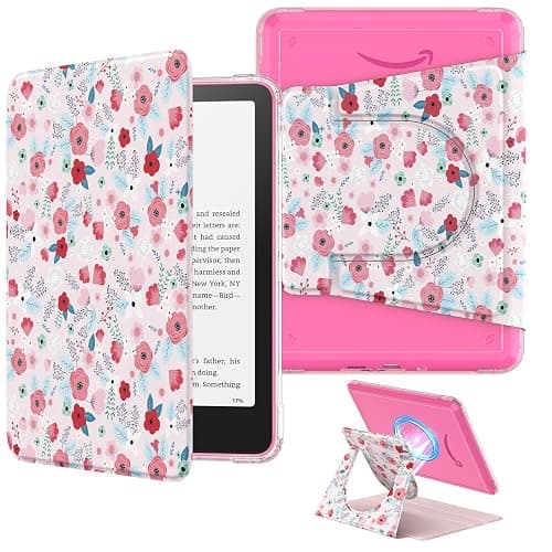 MoKo 360° Rotating Case for 7" Kindle Paperwhite 12th Generation 2024 & Kindle Colorsoft 2024/2025, Clear Back Detachable Magnetic Protective Adjustable Stand Cover with Auto Wake/Sleep, Spring Pink thumbnail 9