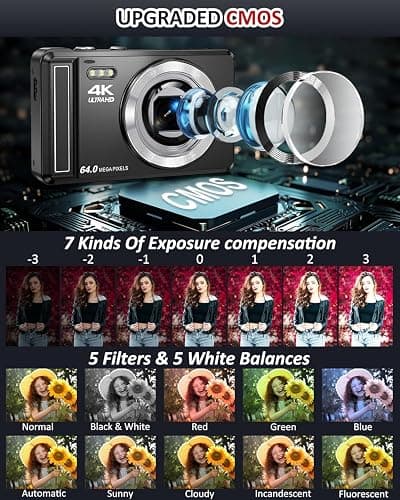 4K Digitalkamera,2.8 Zoll 64MP UHD Fotokamera mit 32-GB-Karte, 1200mAh Akku, 16-facher Digitalzoom Autofokus Kompaktkamera für Kinder Anfänger Teenager thumbnail 4