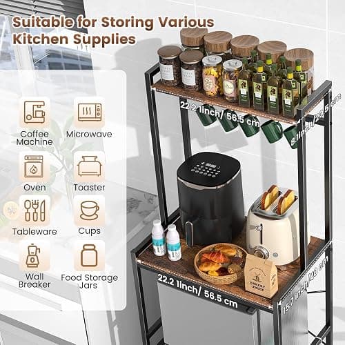 Housolution Mini Fridge Stand with Storage, 2-Tier Kitchen Microwave Stand with Storage Mini Fridge Shelf Height Adjustable Bakers Rack with 8 Hooks for Dorm, Living Room, Offices thumbnail 4