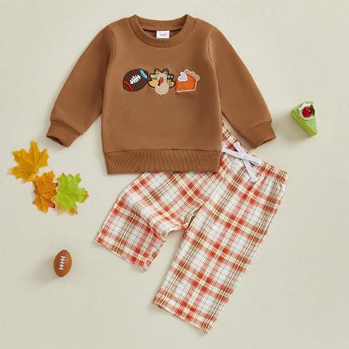 Mobbdow Toddler Baby Boy Thanksgiving Outfit Football Turkey Pumpkin Pie Crewneck Sweatshirt and Plaid Pants Set Fall Clothes thumbnail 5
