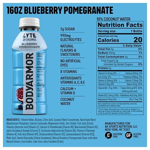 BODYARMOR LYTE Sports Drink Low-Calorie Sports Beverage, Blueberry Pomegranate, Coconut Water Hydration, Natural Flavors With Vitamins, Potassium-Packed Electrolytes, Perfect For Athletes, 16 Fl Oz (Pack of 12) thumbnail 2