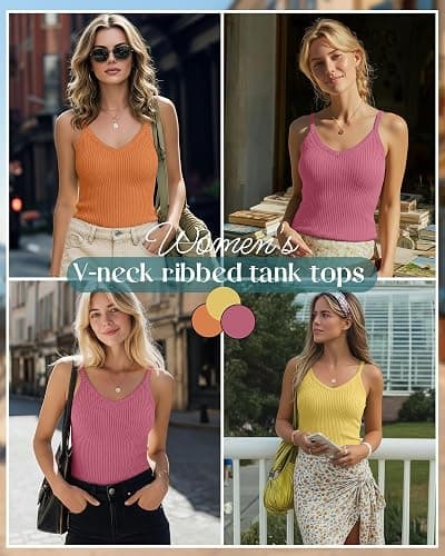 Yearntown 3 Pack Women's Ribbed Tank Tops Spaghetti Strap V Neck Slim Fit Cotton Camisole Knit Basic Sleeveless Camis Shirts thumbnail 2